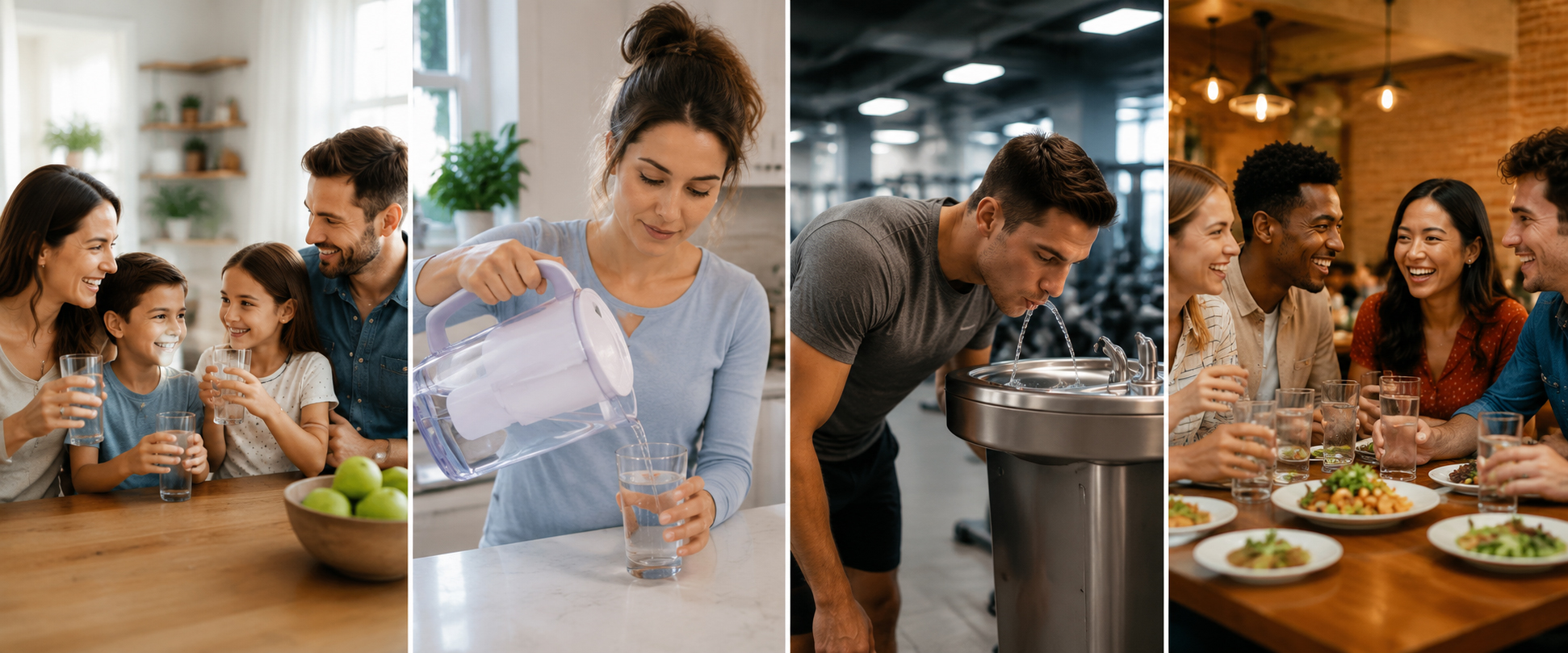 Americans drinking tap water — family, kitchen filter pitcher, gym water fountain, and dinner table